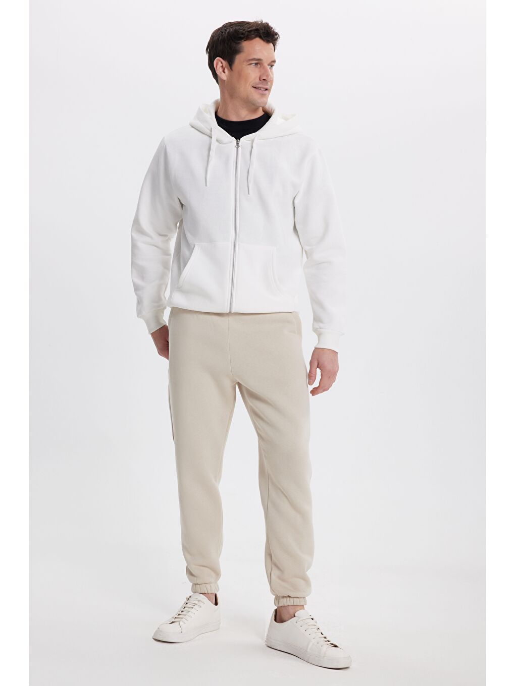 Ekru Unisex Relax Fit Rahat Kesim Şardonlu 3 Cepli Lastikli Jogger Paça Krem Eşofman Altı-4