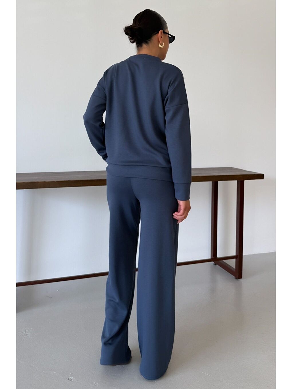 Gri Kadın Füme Düz Biye Detay Bisiklet Yaka Modal Kumaş Alt-Üst Eşofman Takımı-7