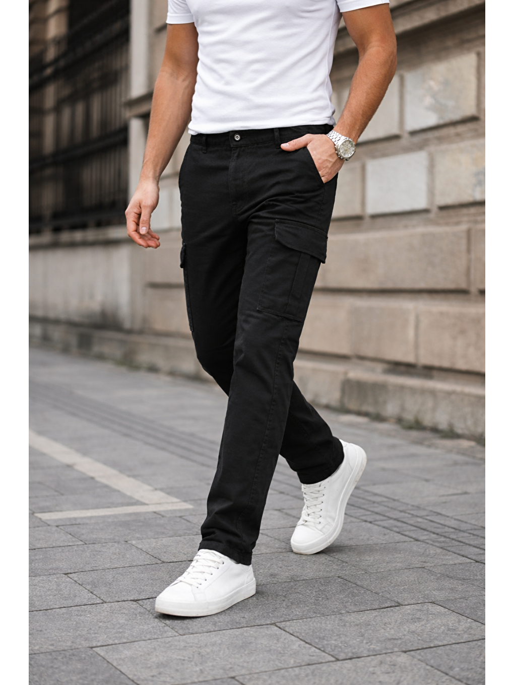 Erkek Kargo Cepli Pamuklu Siyah Baggy Pantolon-2