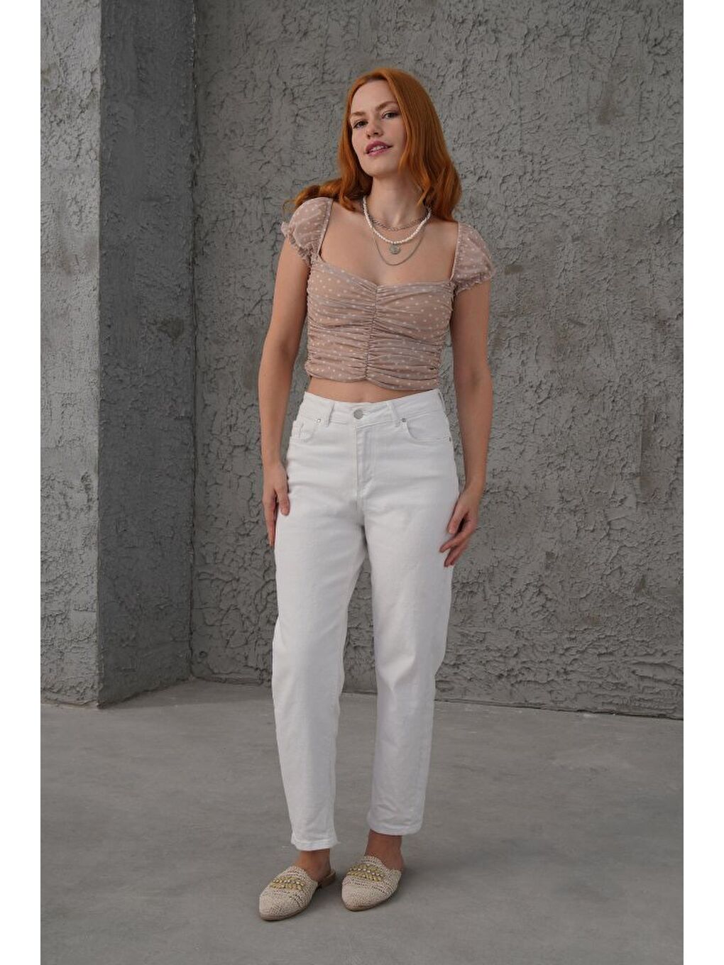 Ekru Puantiyeli Belden Oturtmalı Tül Krem Bluz-2