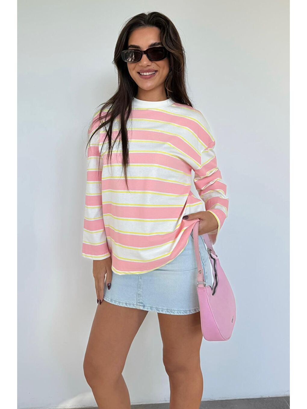 Pembe Bisiklet Yaka %100 Pamuklu Çizgili Uzun Kollu Tişört Mg2362-6