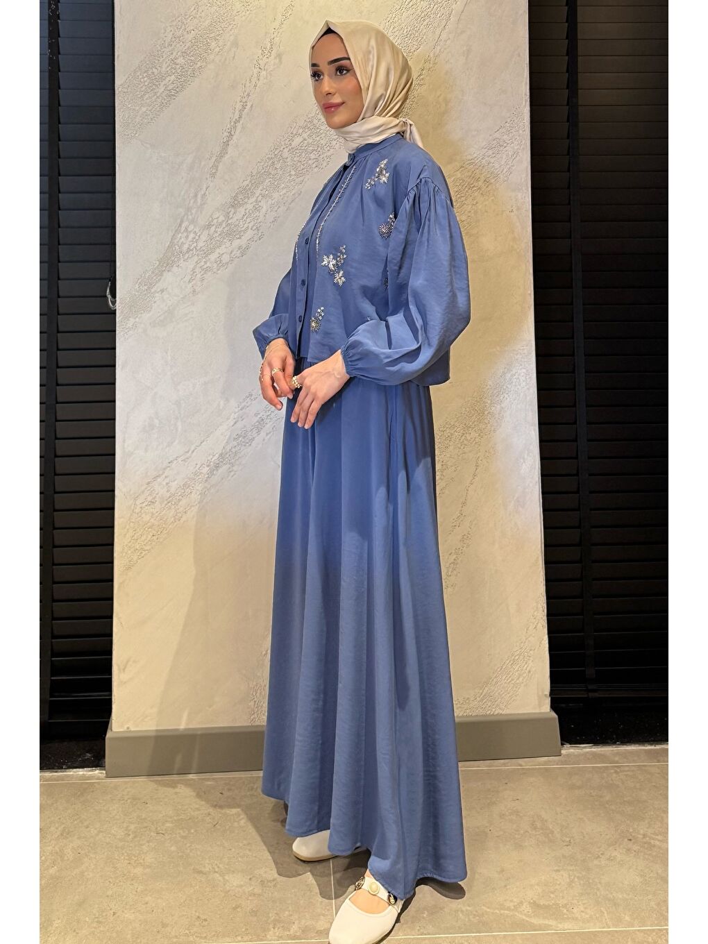 İndigo Boncuk İşlemeli Gömlek Etek Tesettür İkili Takım-2