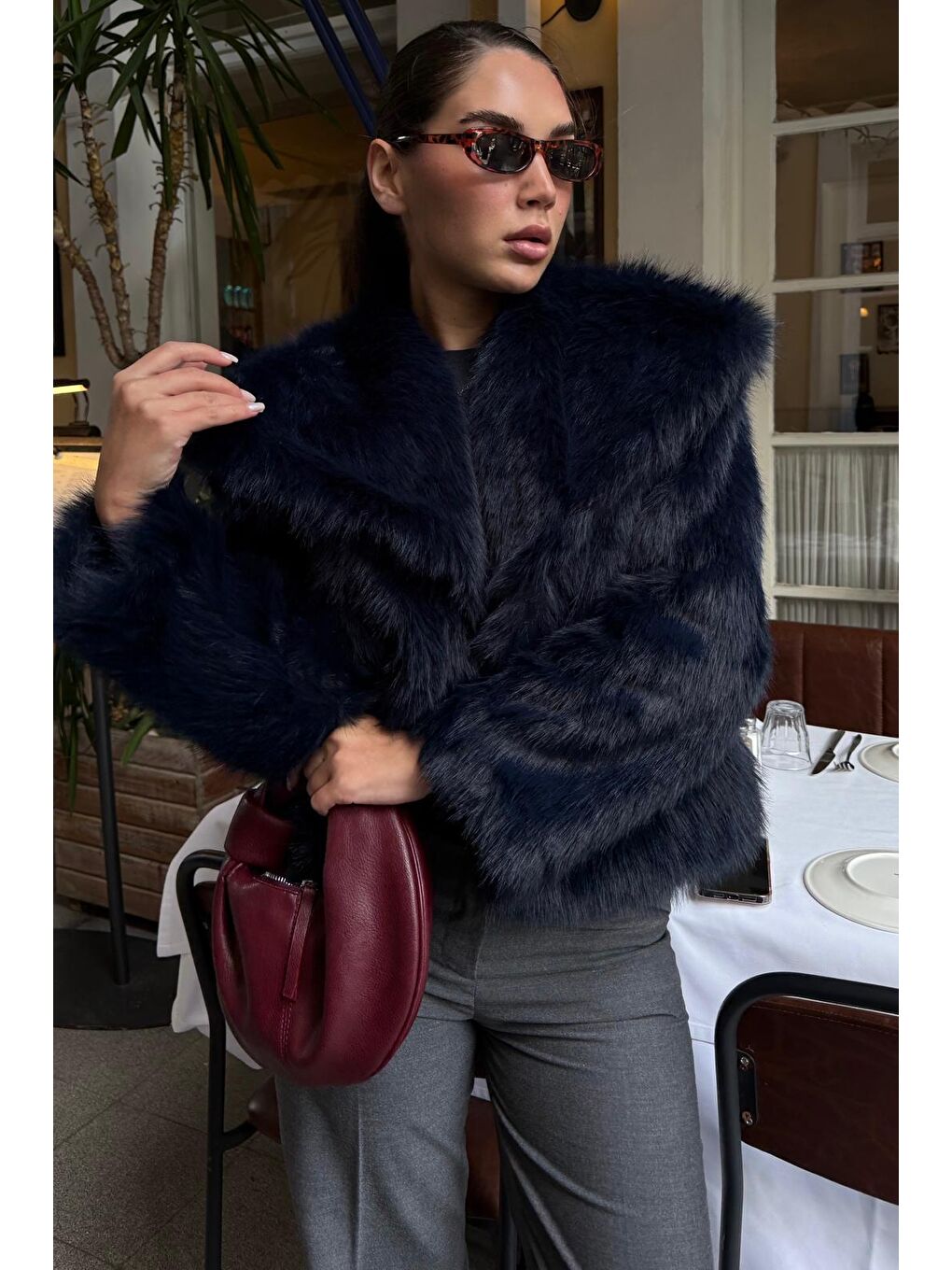 Lacivert Yumuşak Dokulu Kadın Kürk Mont Mg2204-1