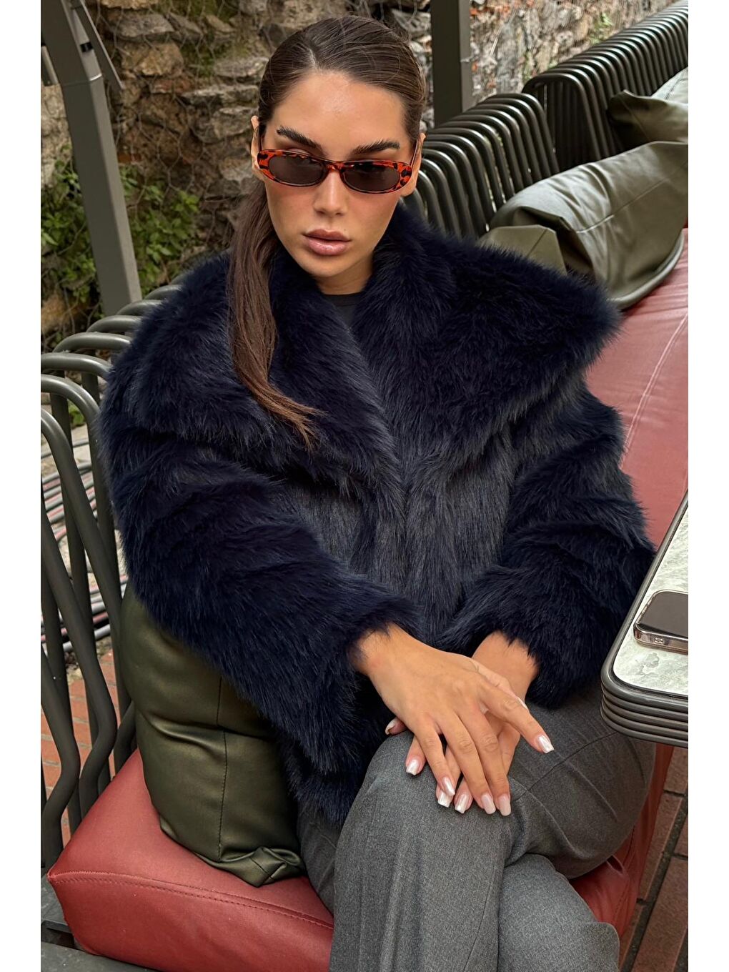 Lacivert Yumuşak Dokulu Kadın Kürk Mont Mg2204-2