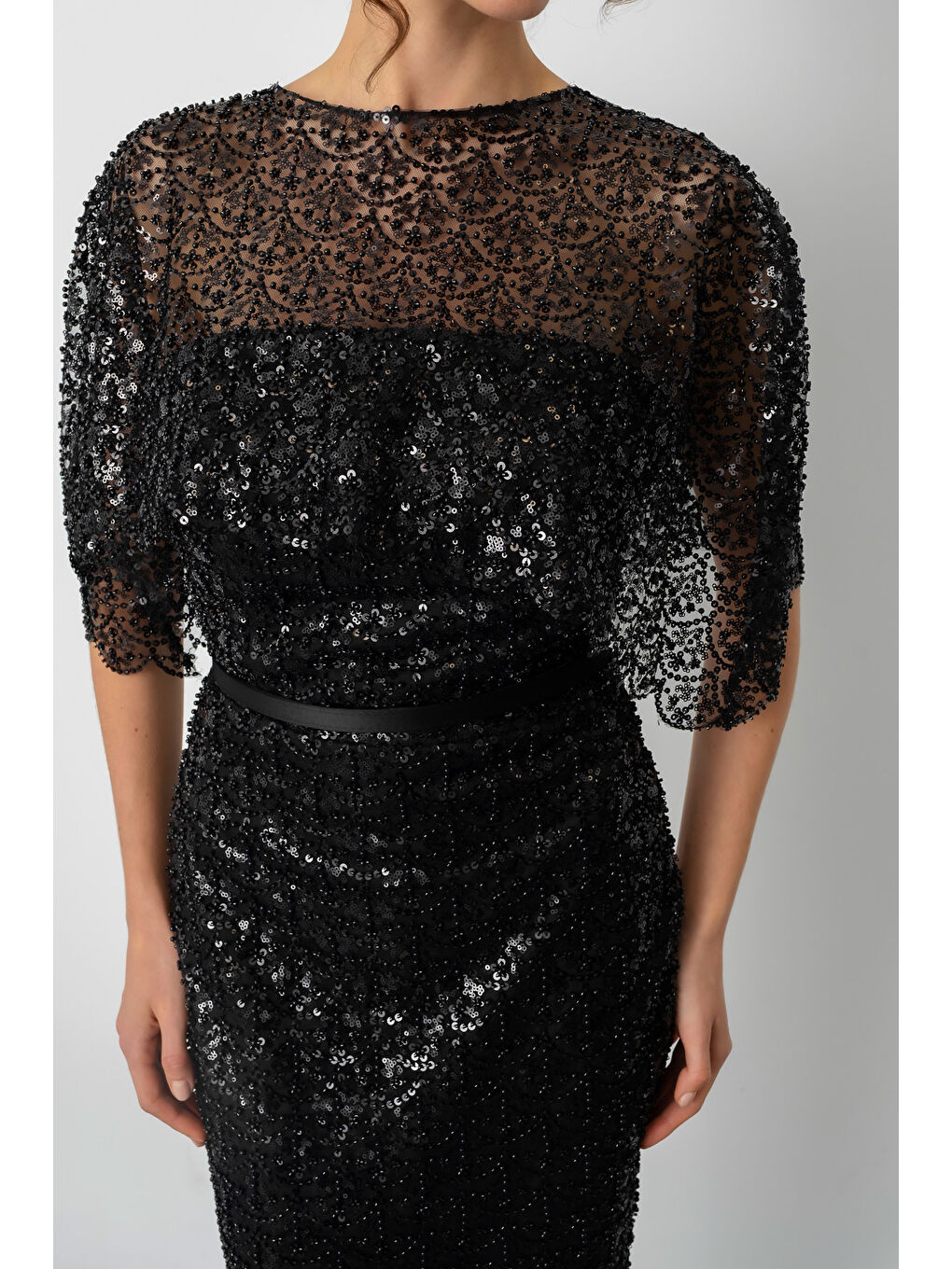 Kadın Siyah Bolero Detay Boncuklu Midi Söz Nişan Abiye Elbise-4