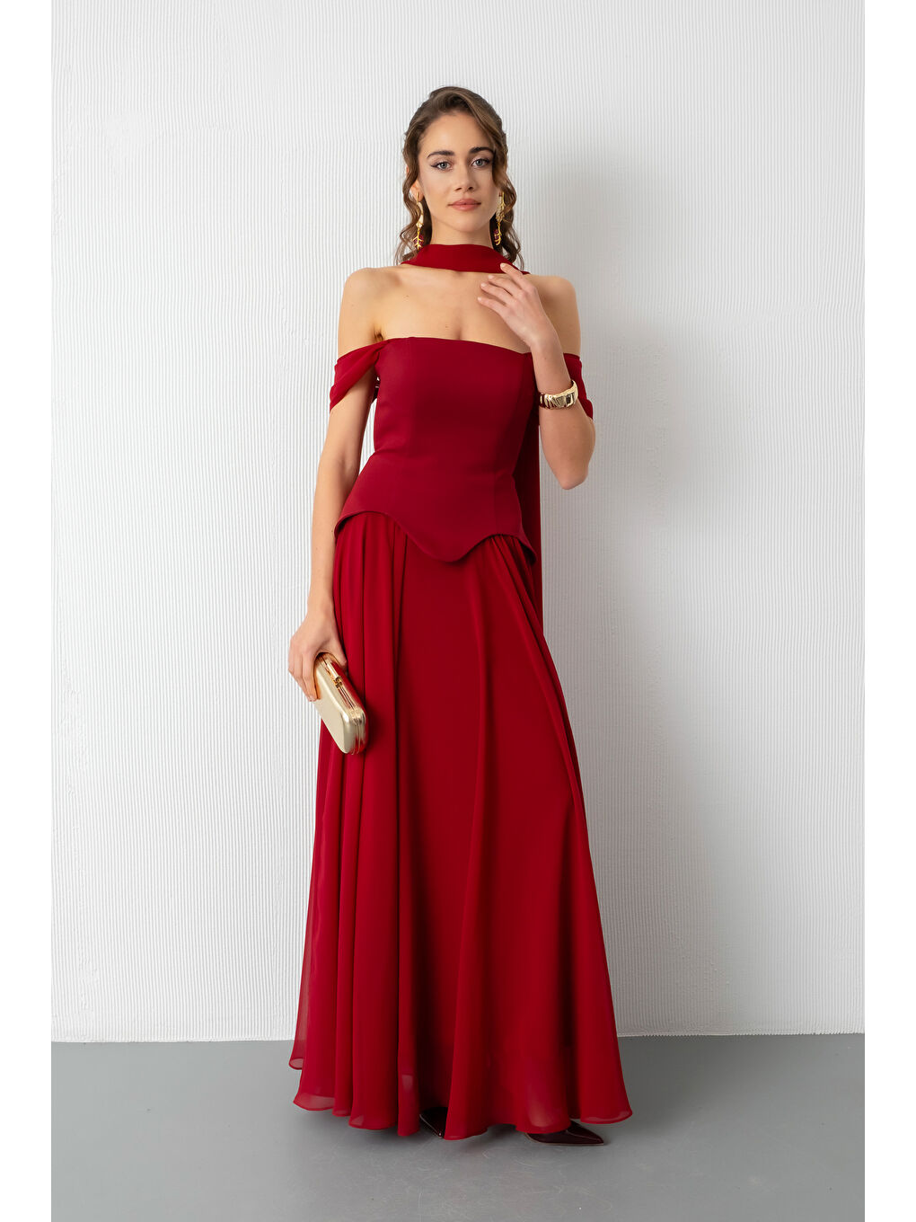 Kadın Bordo Şal Yaka Straplez Söz Nişan Abiye Elbise-1