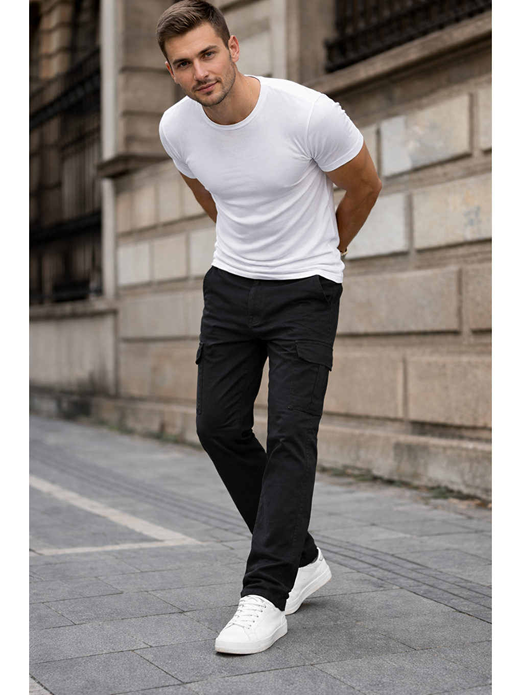 Erkek Kargo Cepli Pamuklu Siyah Baggy Pantolon-3