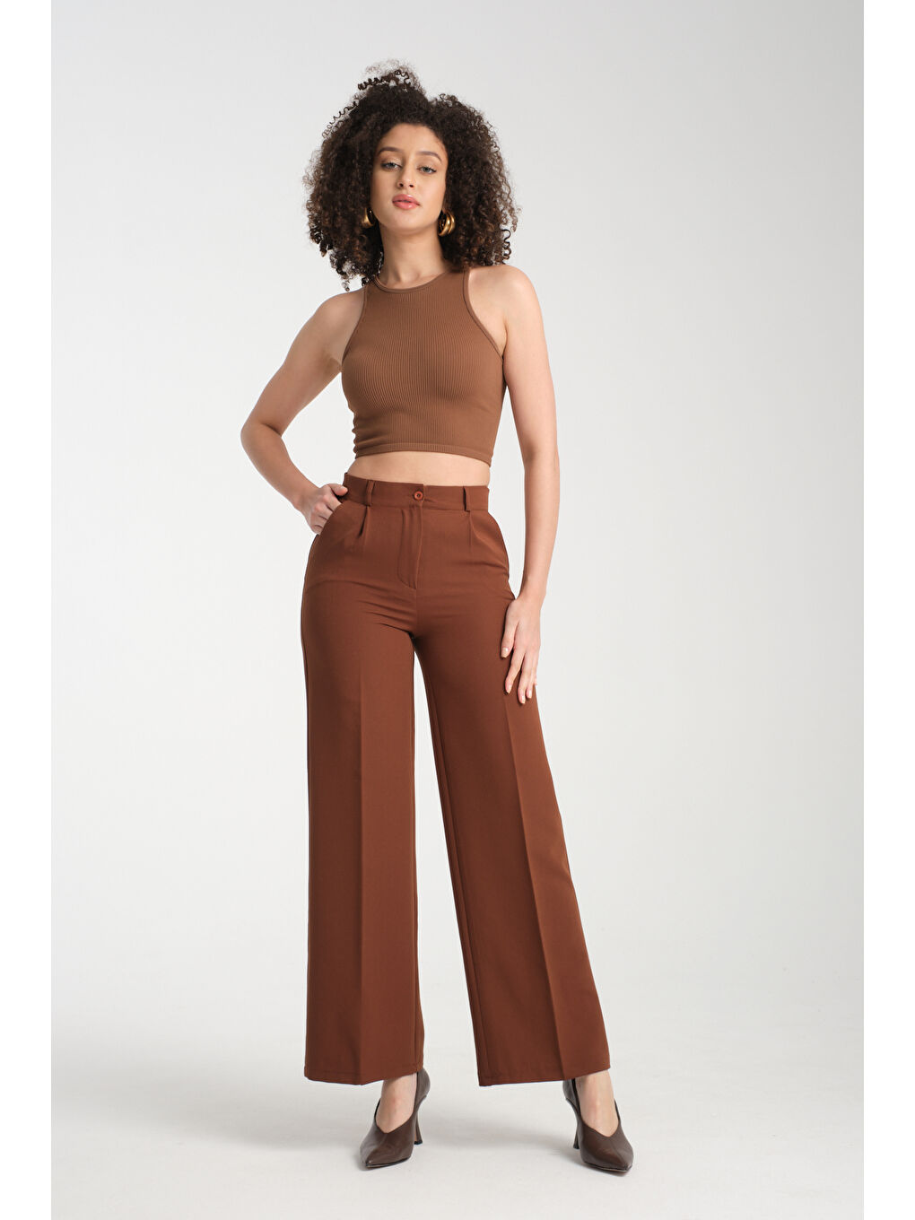 Kahverengi Kadın Plazzo Kumaş Pantolon 2985-4