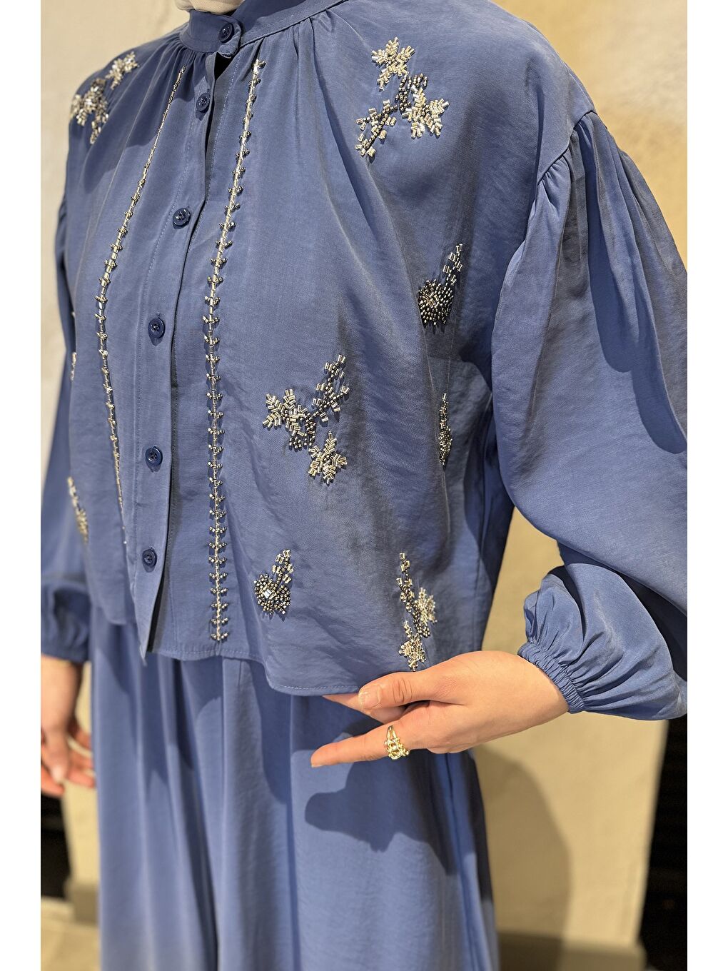 İndigo Boncuk İşlemeli Gömlek Etek Tesettür İkili Takım-5