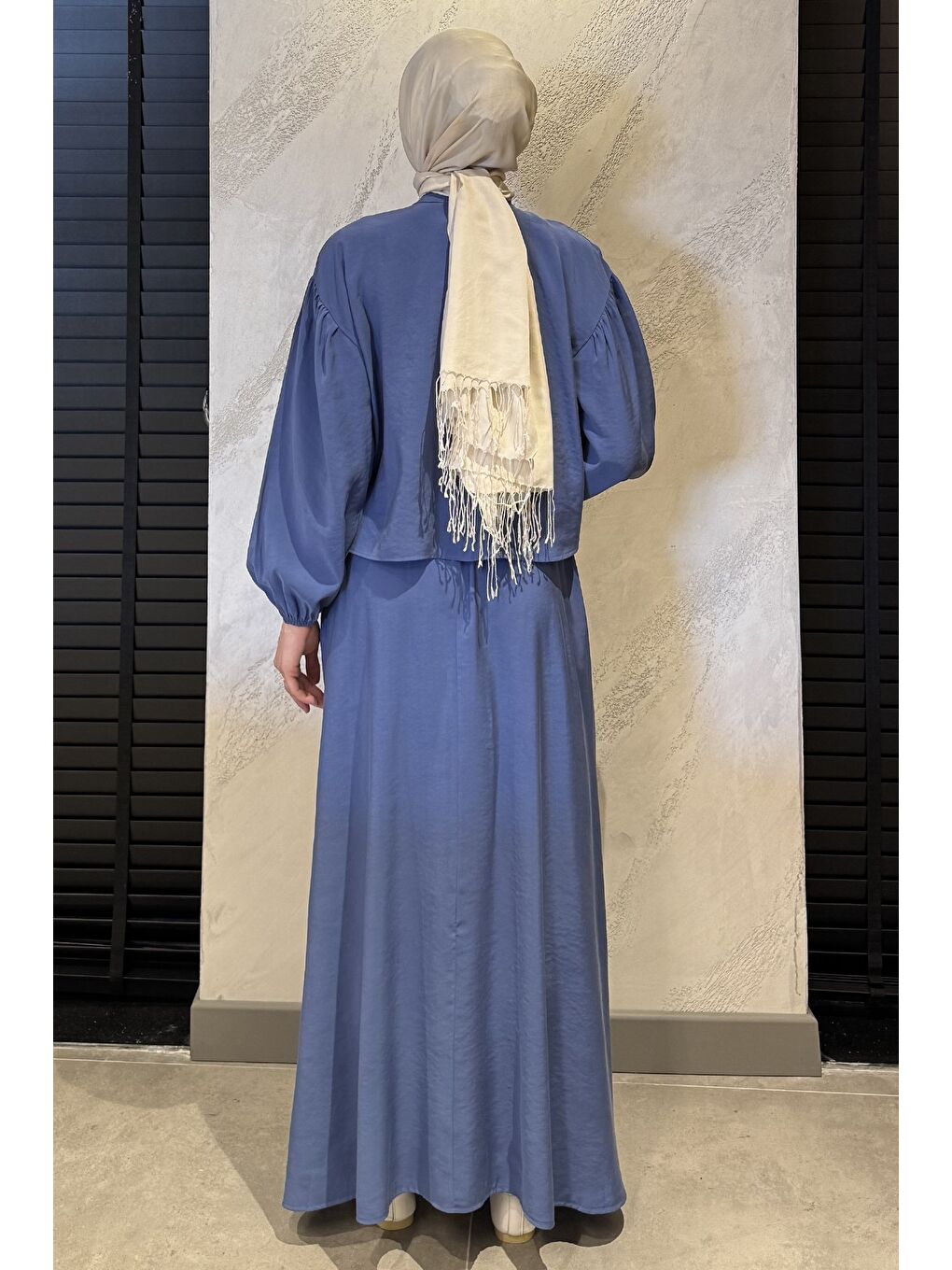 İndigo Boncuk İşlemeli Gömlek Etek Tesettür İkili Takım-6