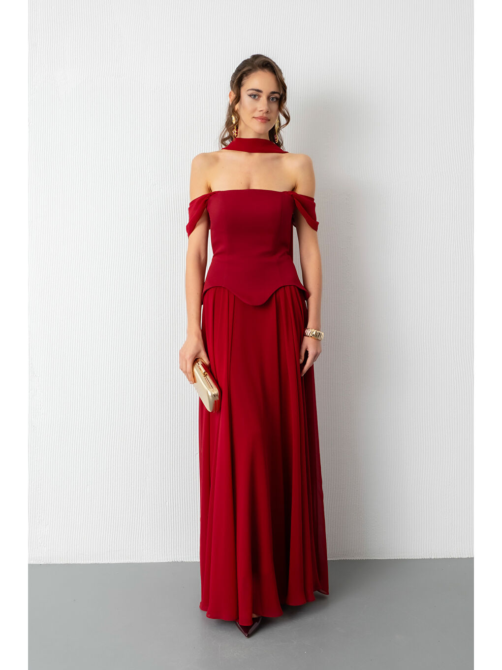 Kadın Bordo Şal Yaka Straplez Söz Nişan Abiye Elbise-2