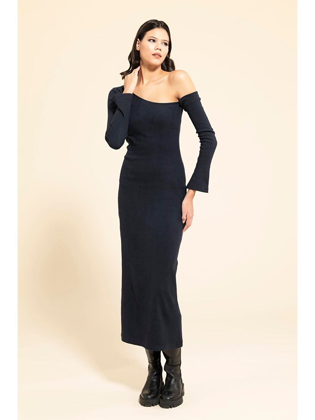 Tek Omuz Asimetrik Lacivert Elbise-1