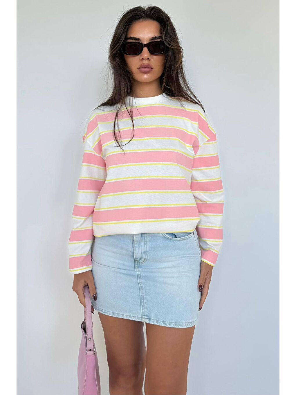 Pembe Bisiklet Yaka %100 Pamuklu Çizgili Uzun Kollu Tişört Mg2362-7