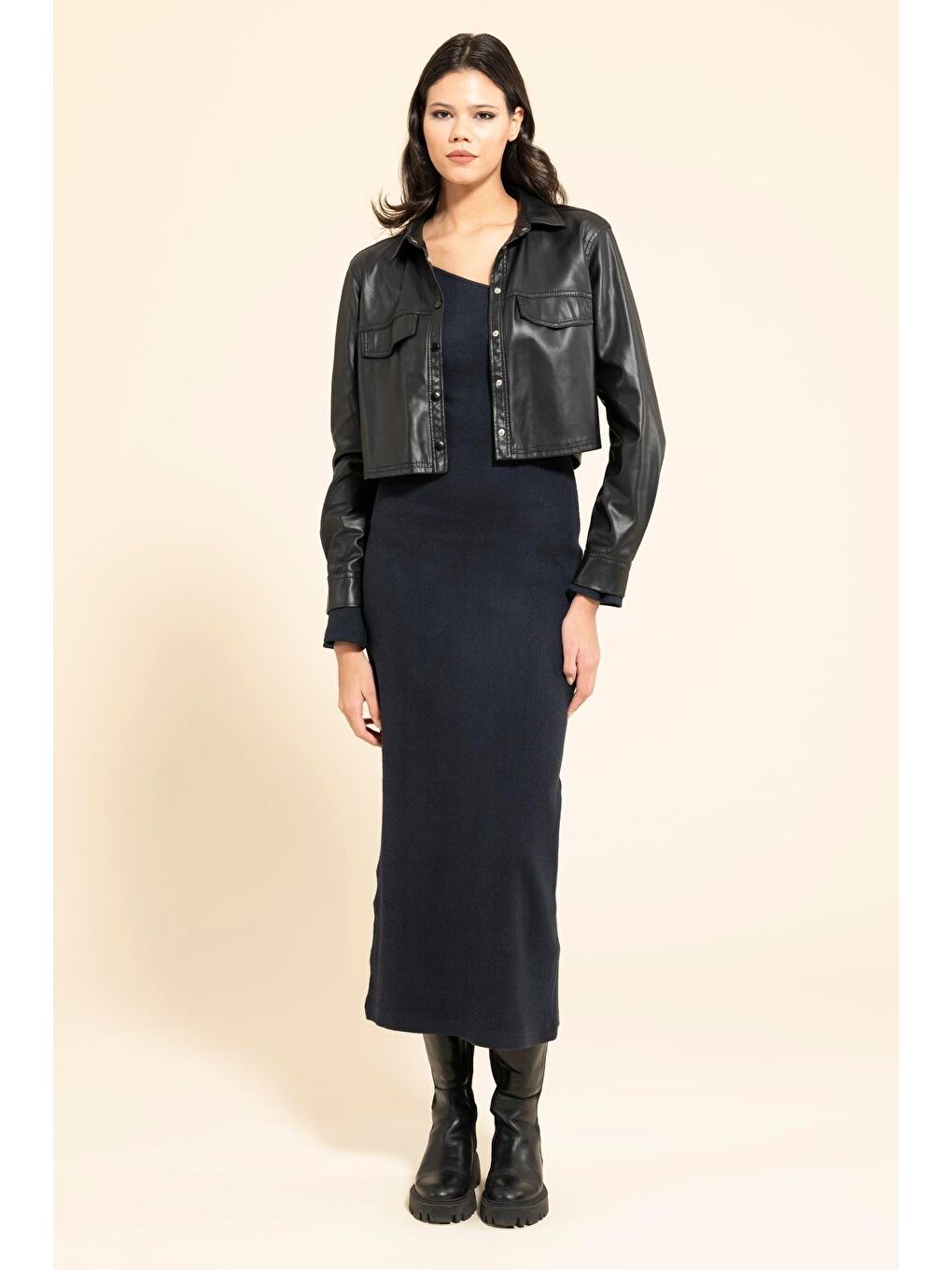 Tek Omuz Asimetrik Lacivert Elbise-2