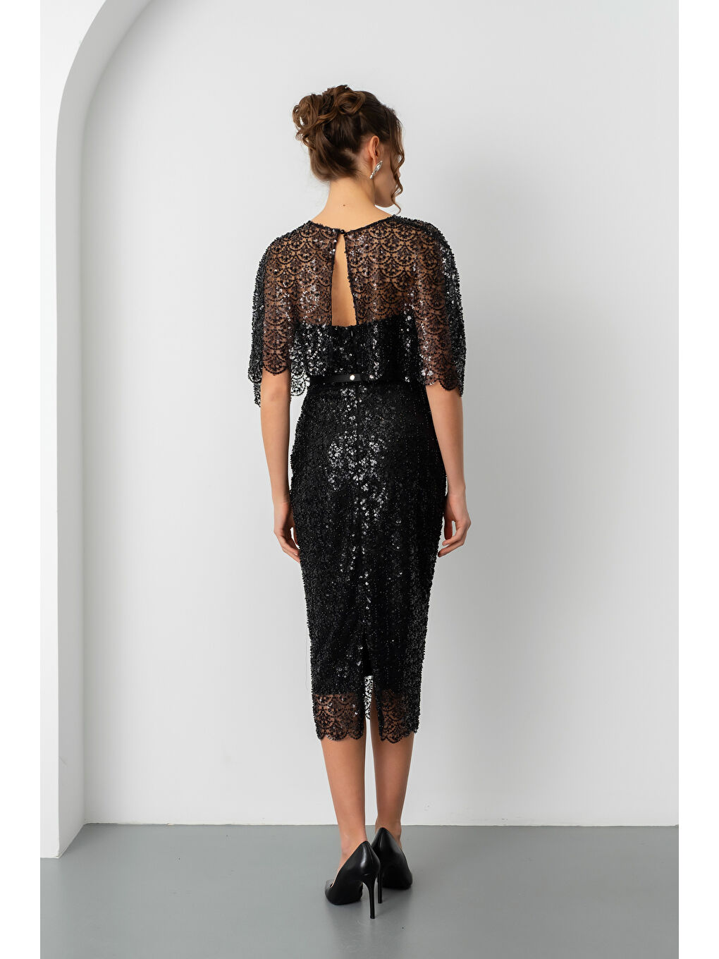 Kadın Siyah Bolero Detay Boncuklu Midi Söz Nişan Abiye Elbise-5
