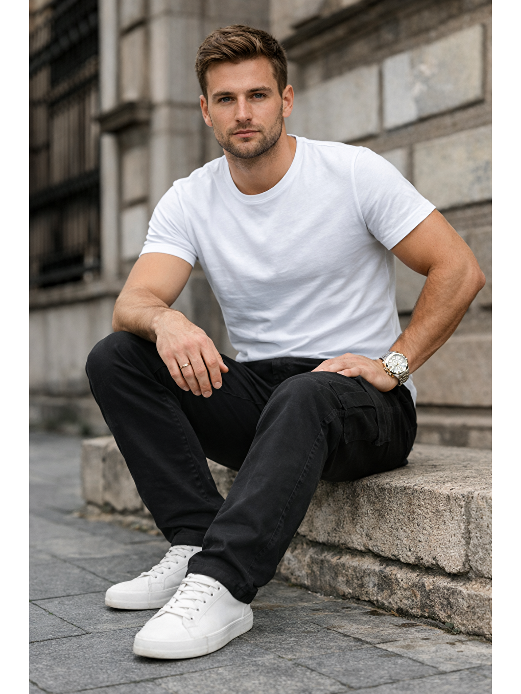 Erkek Kargo Cepli Pamuklu Siyah Baggy Pantolon-4