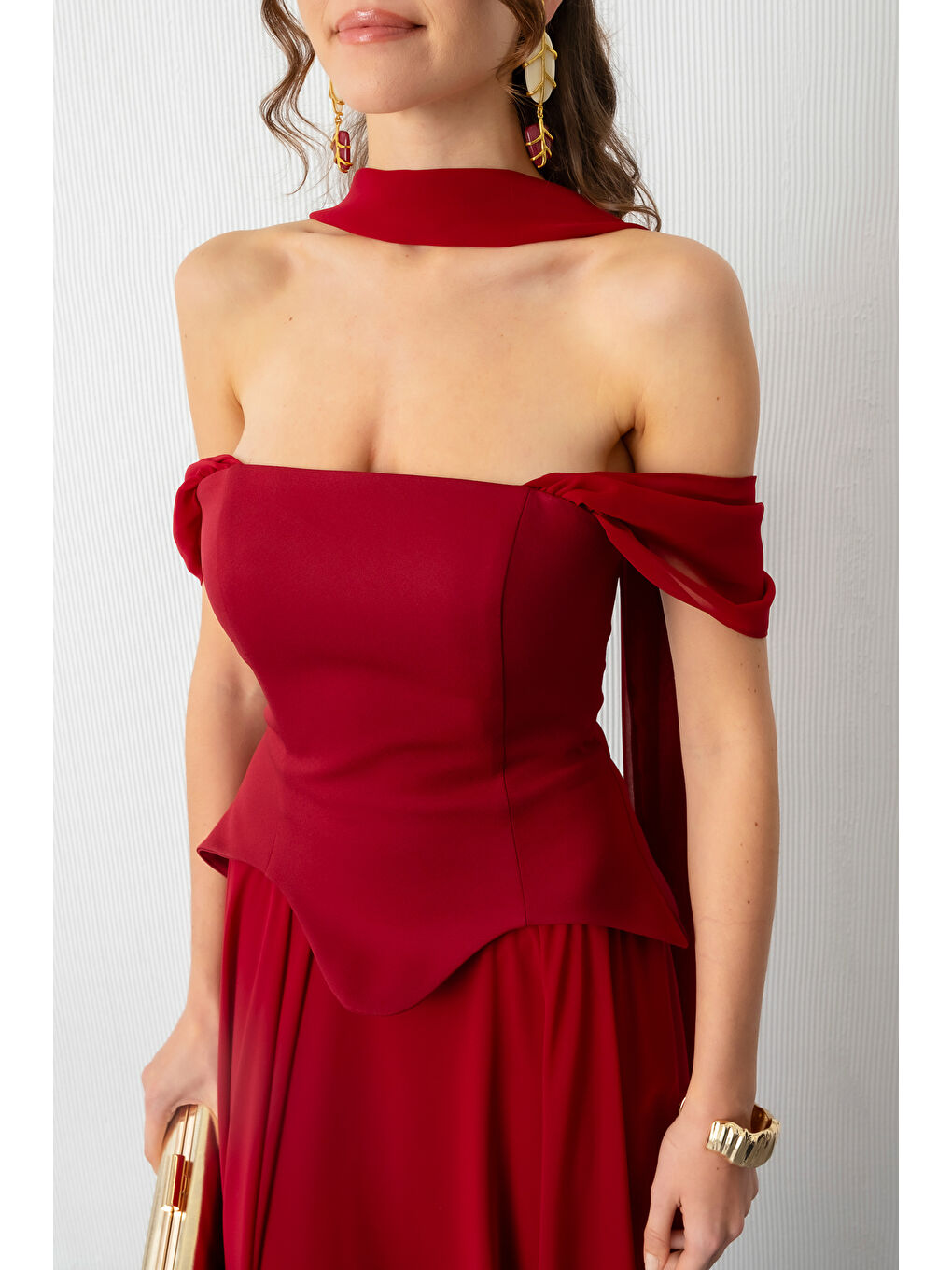 Kadın Bordo Şal Yaka Straplez Söz Nişan Abiye Elbise-3