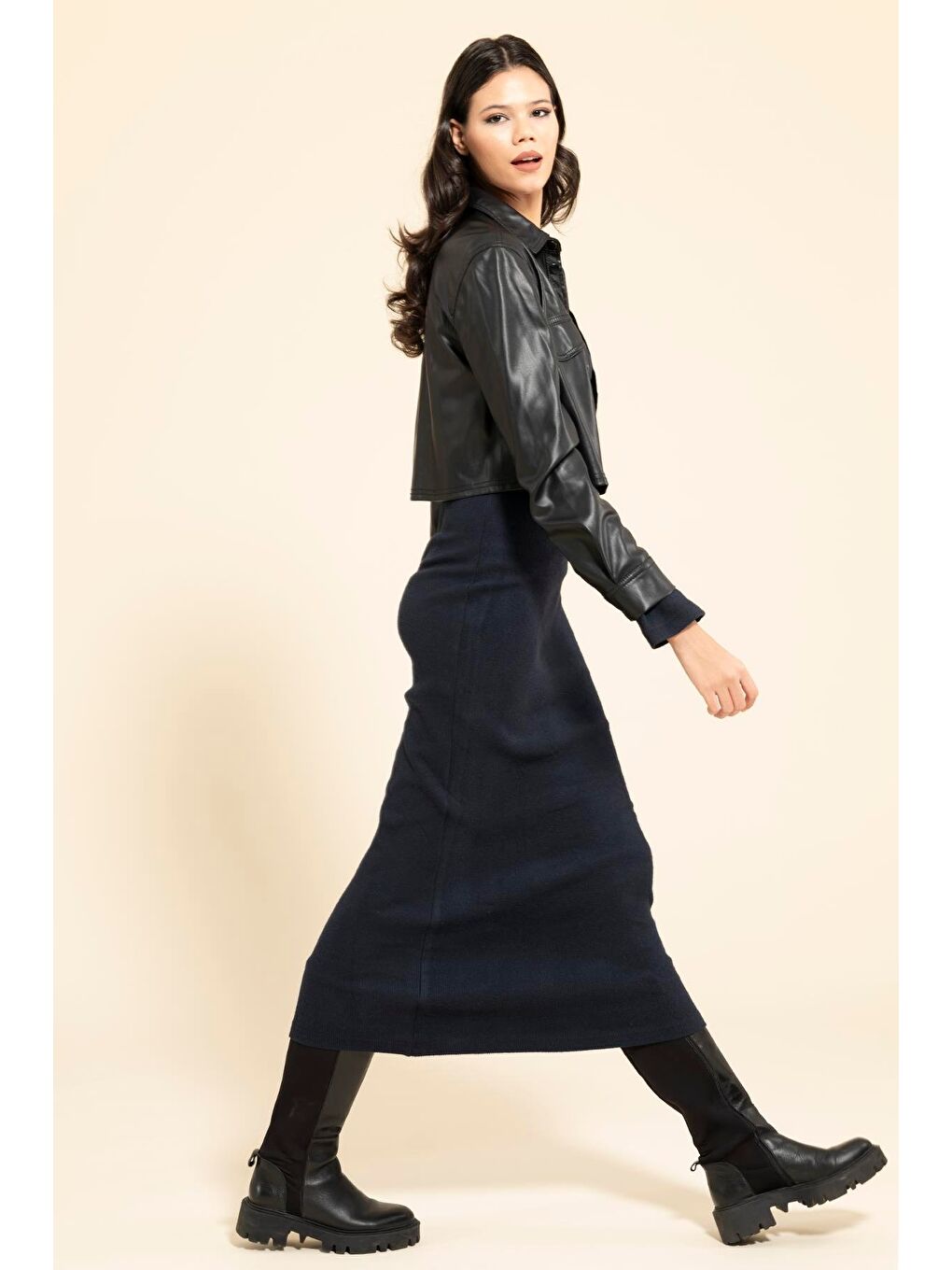 Tek Omuz Asimetrik Lacivert Elbise-3