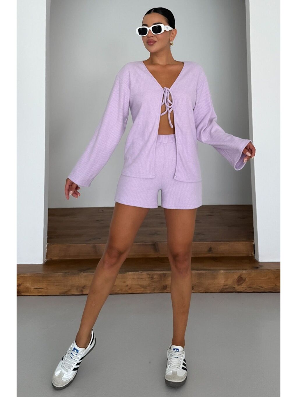 Mor Kadın Eflatun Önü Bağlama Detaylı Alt-Üst Şortlu İnterlok Takım