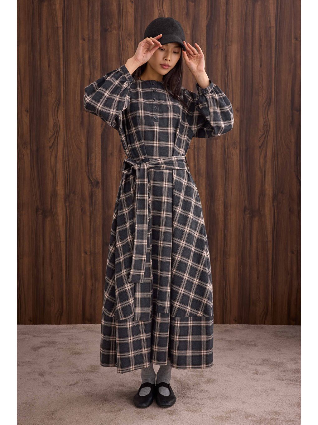 Volanlı Ekose Elbise Antrasit