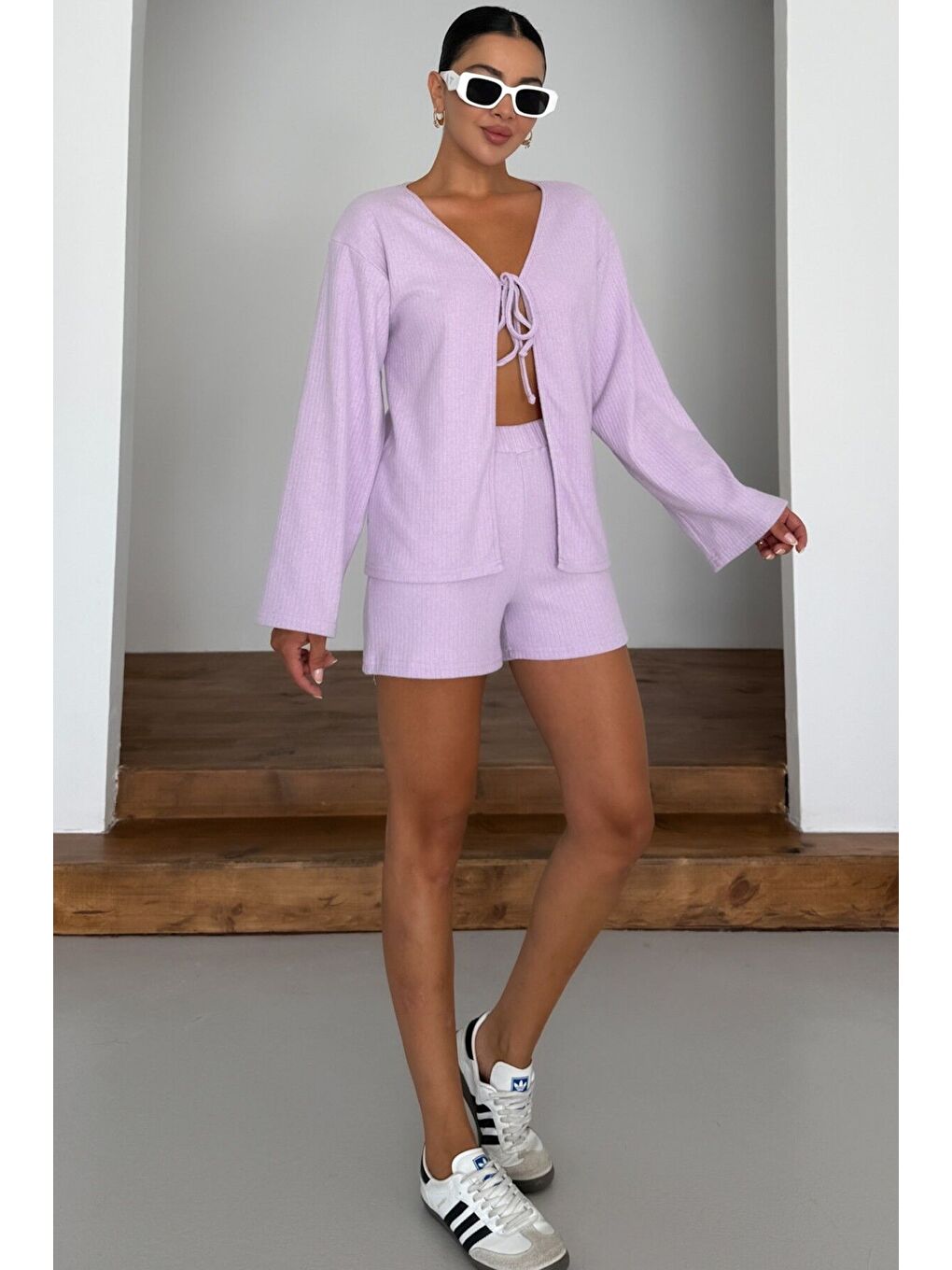 Mor Kadın Eflatun Önü Bağlama Detaylı Alt-Üst Şortlu İnterlok Takım-1