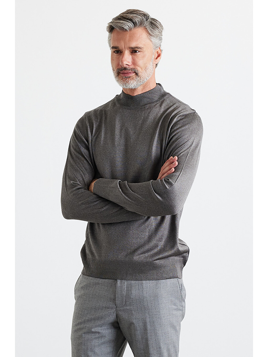 Gri Erkek Standart Fit Normal Kesim Yarım Balıkçı Yaka Triko Kazak-3