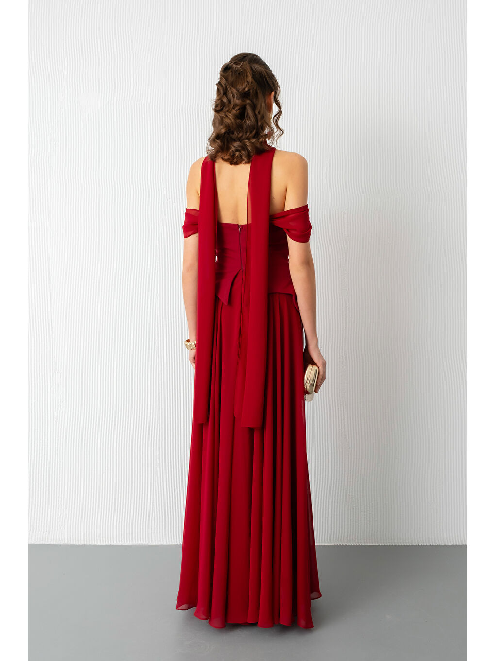 Kadın Bordo Şal Yaka Straplez Söz Nişan Abiye Elbise-5