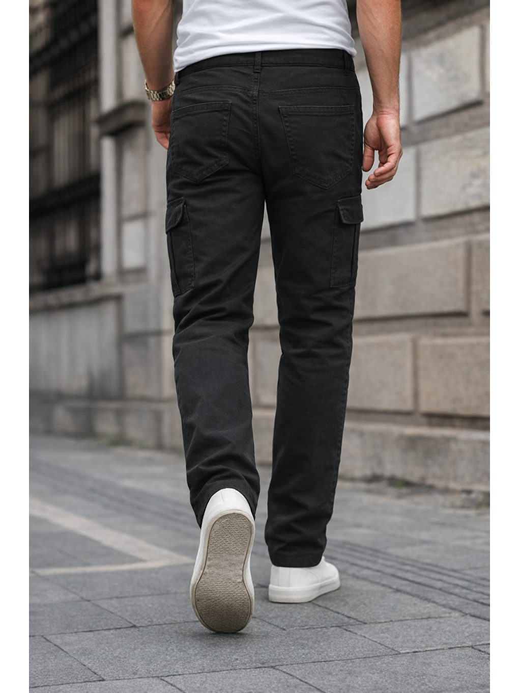 Erkek Kargo Cepli Pamuklu Siyah Baggy Pantolon-5