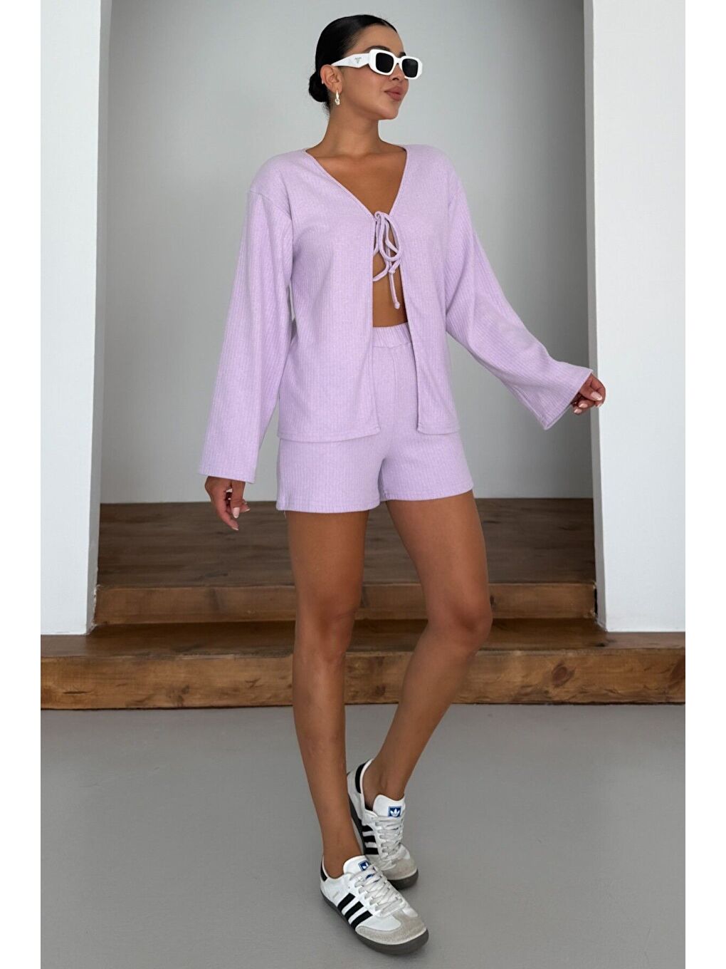 Mor Kadın Eflatun Önü Bağlama Detaylı Alt-Üst Şortlu İnterlok Takım-2