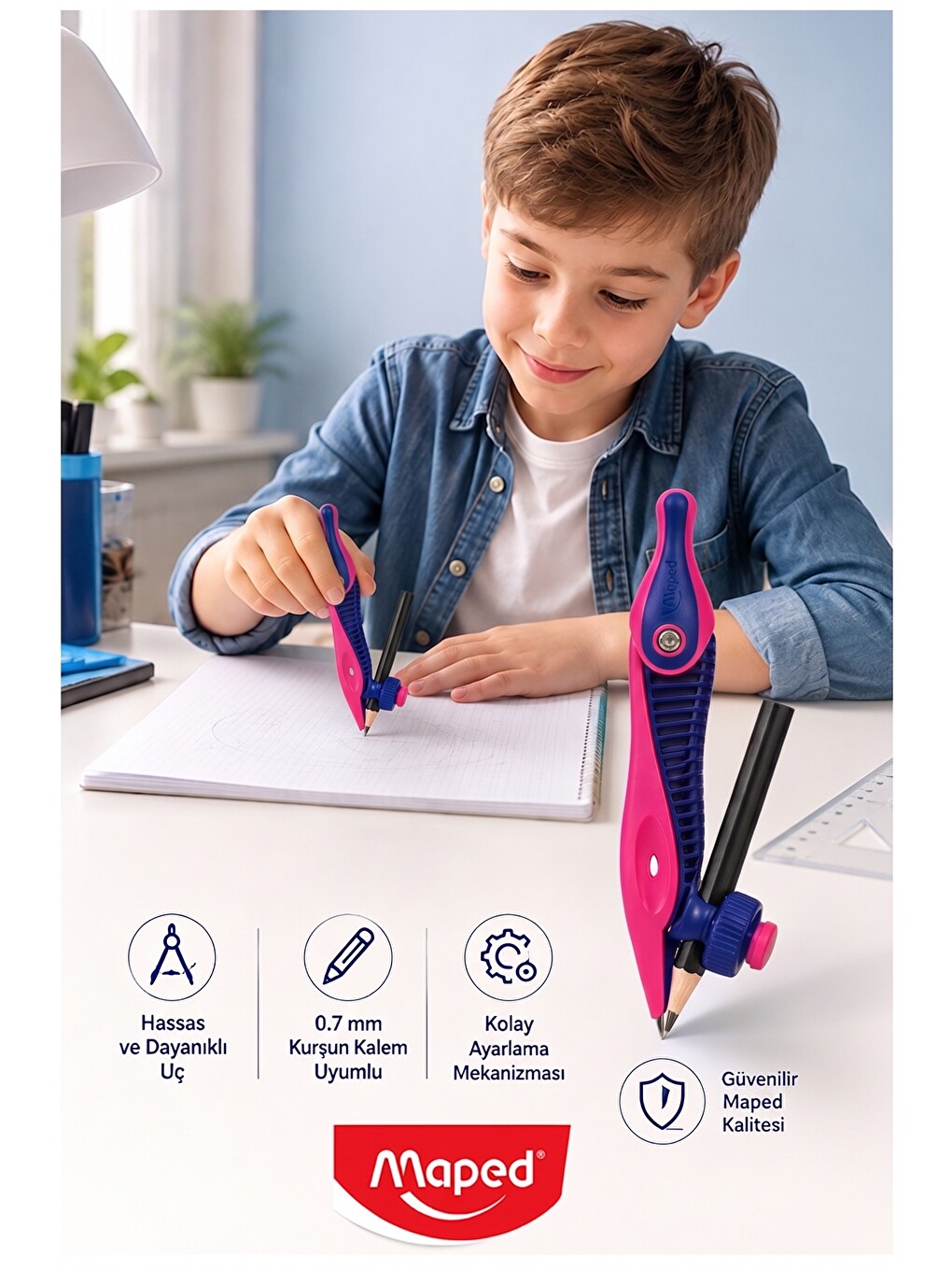 Mor Plastik Pergel Kurşun Kalemli 1 Adet Kidz 191611 Pergel Matematik Geometri Mimari Proje Te-3