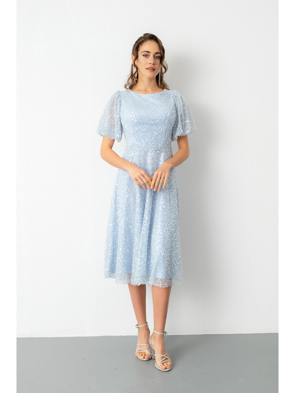 Kadın Bebe Mavi Balon Kol Pul Payet Midi Abiye Elbise-1