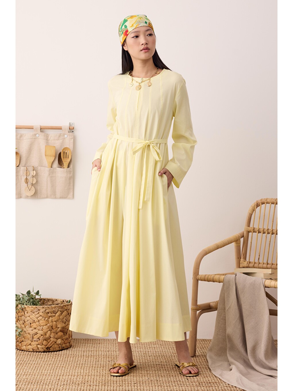 Çok Pileli Elbise Soft Sarı