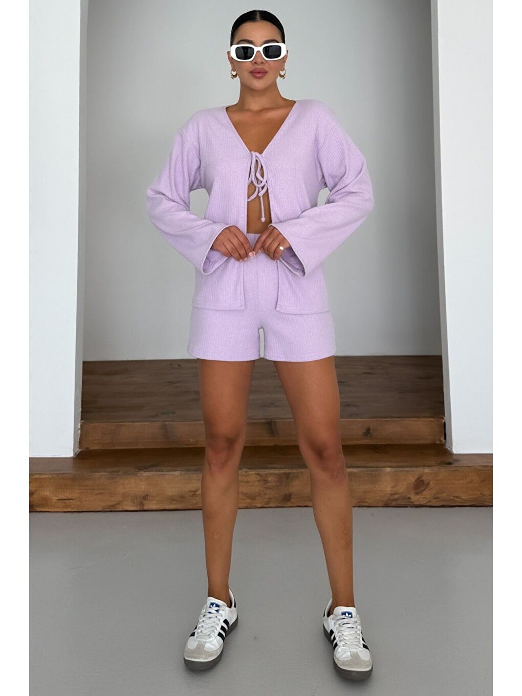 Mor Kadın Eflatun Önü Bağlama Detaylı Alt-Üst Şortlu İnterlok Takım-3