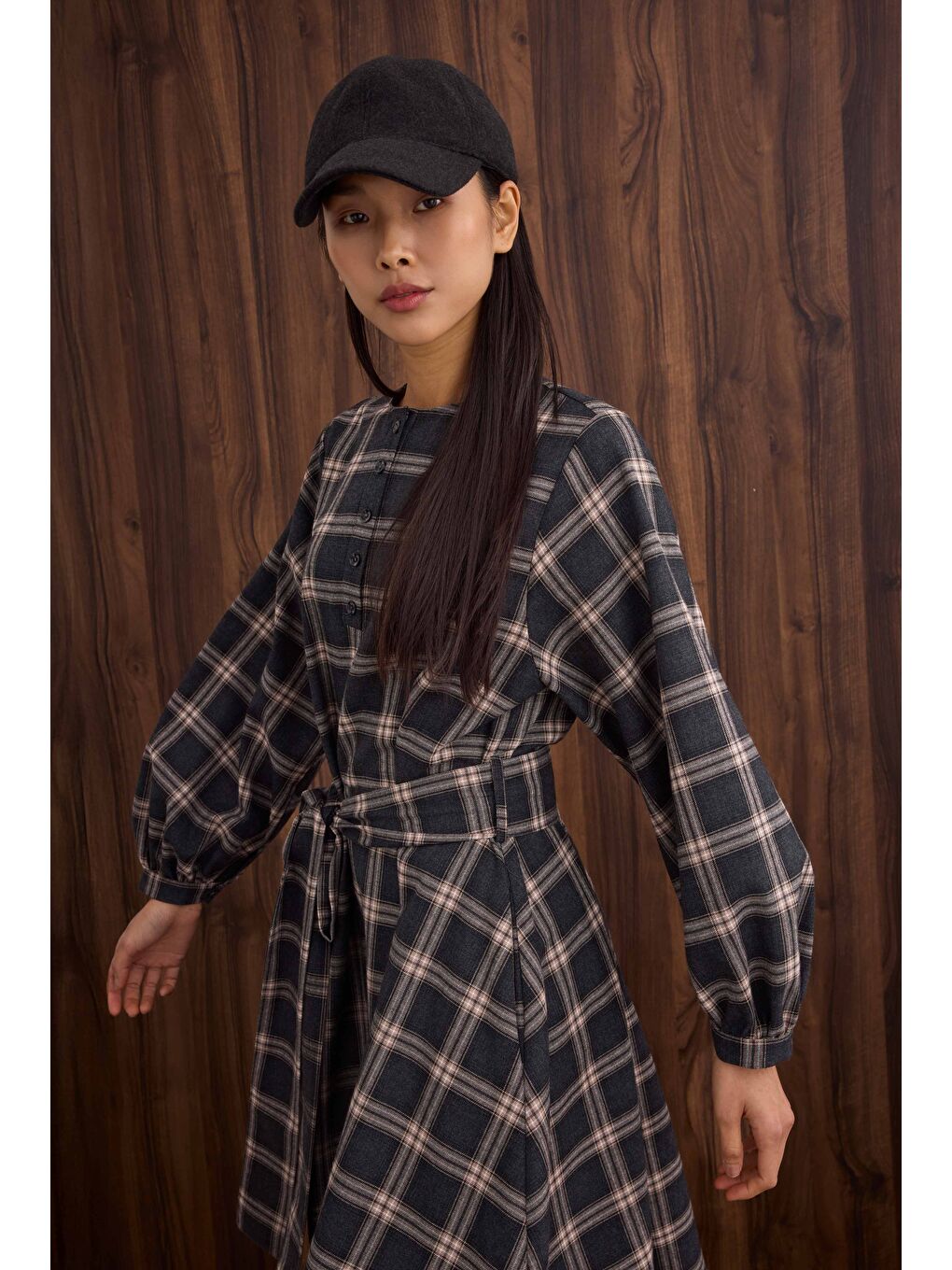 Volanlı Ekose Elbise Antrasit-1