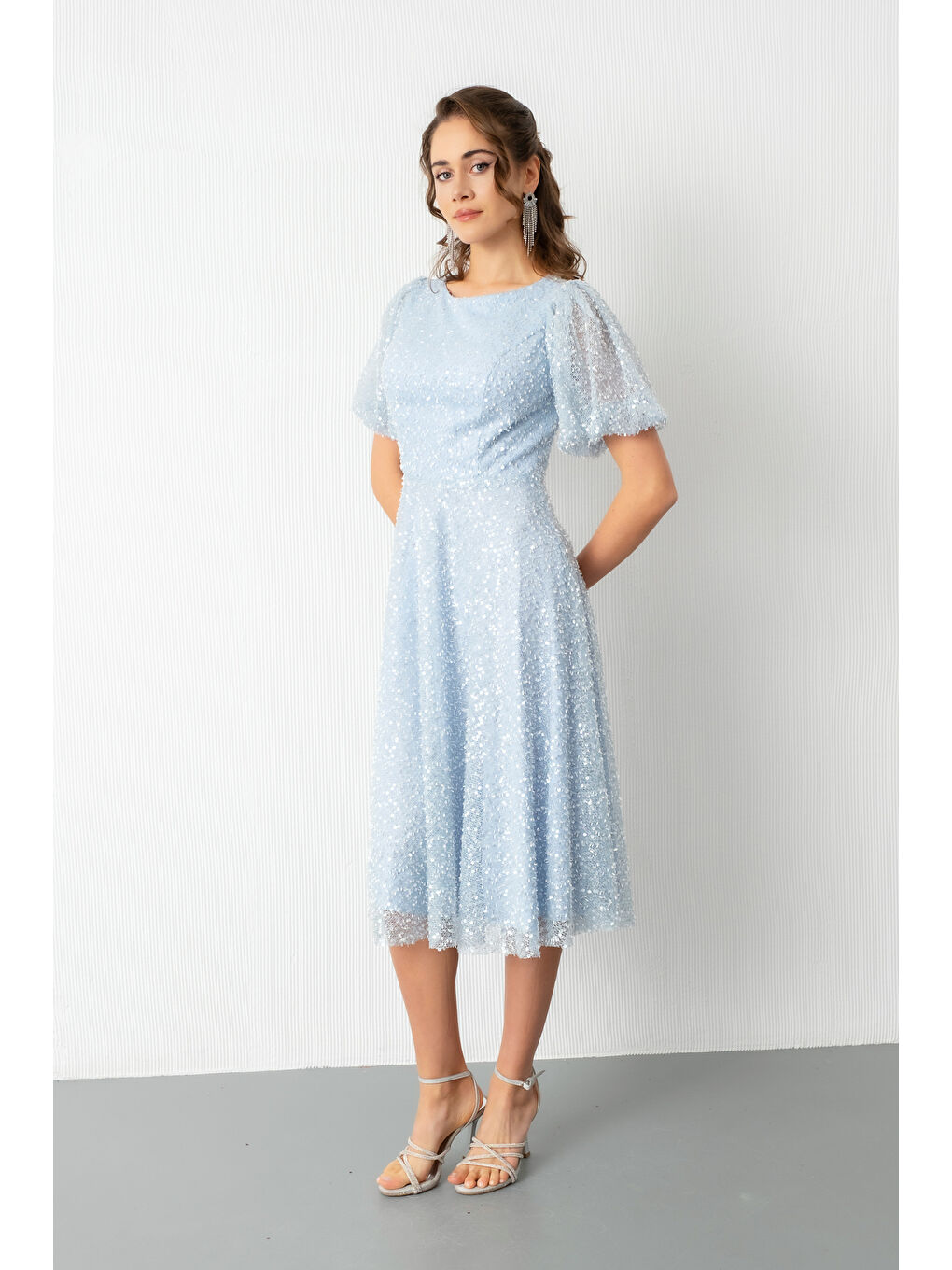 Kadın Bebe Mavi Balon Kol Pul Payet Midi Abiye Elbise-2