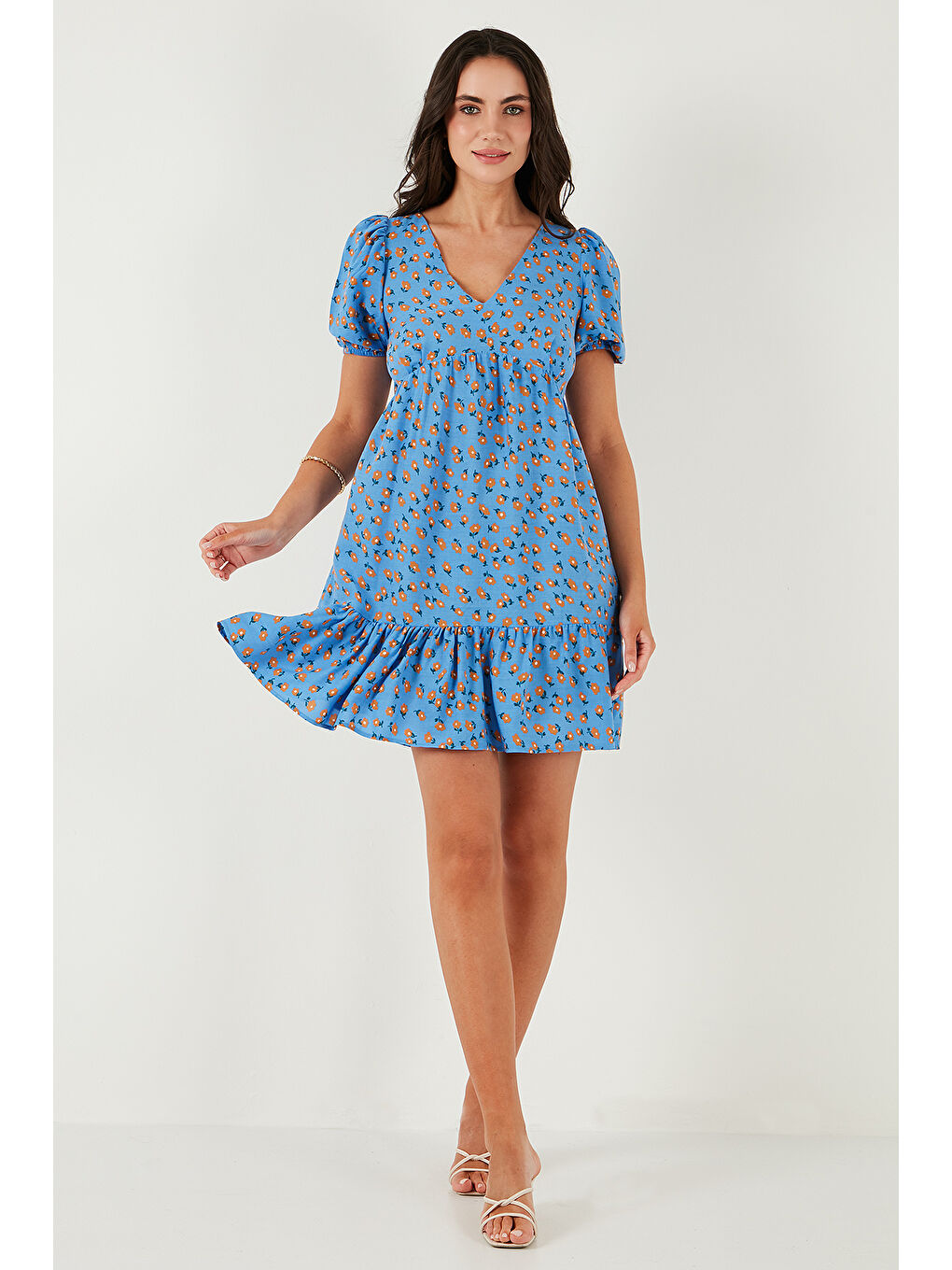 Mavi Regular Fit V Yaka Balon Kol Desenli Mini Kadın Elbise 67810045-2
