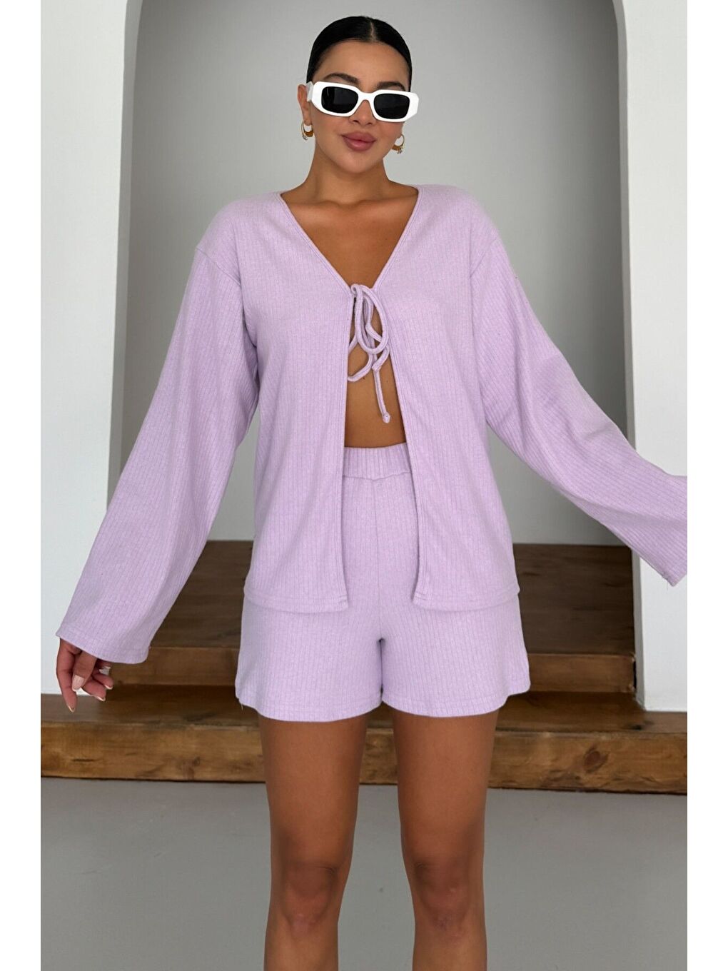 Mor Kadın Eflatun Önü Bağlama Detaylı Alt-Üst Şortlu İnterlok Takım-4