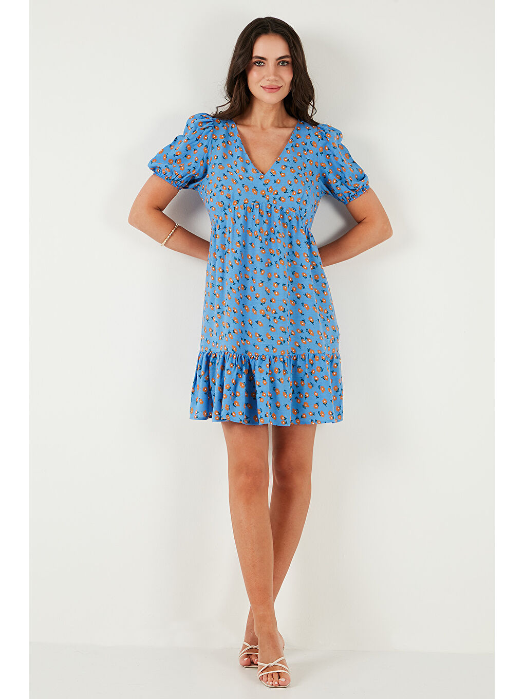 Mavi Regular Fit V Yaka Balon Kol Desenli Mini Kadın Elbise 67810045-3