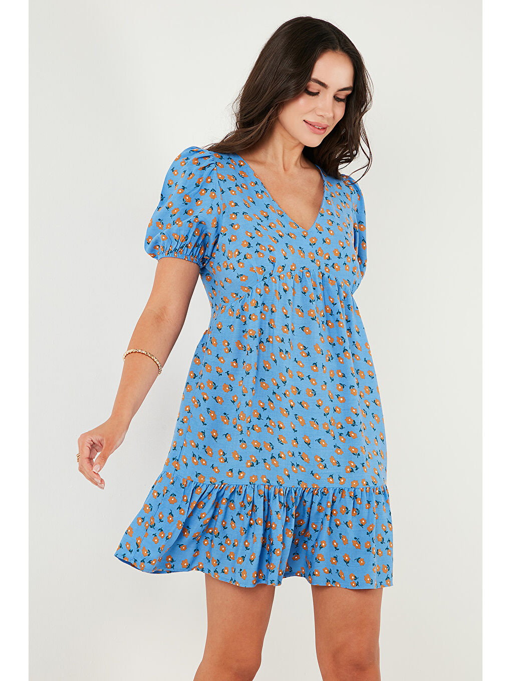 Mavi Regular Fit V Yaka Balon Kol Desenli Mini Kadın Elbise 67810045-4