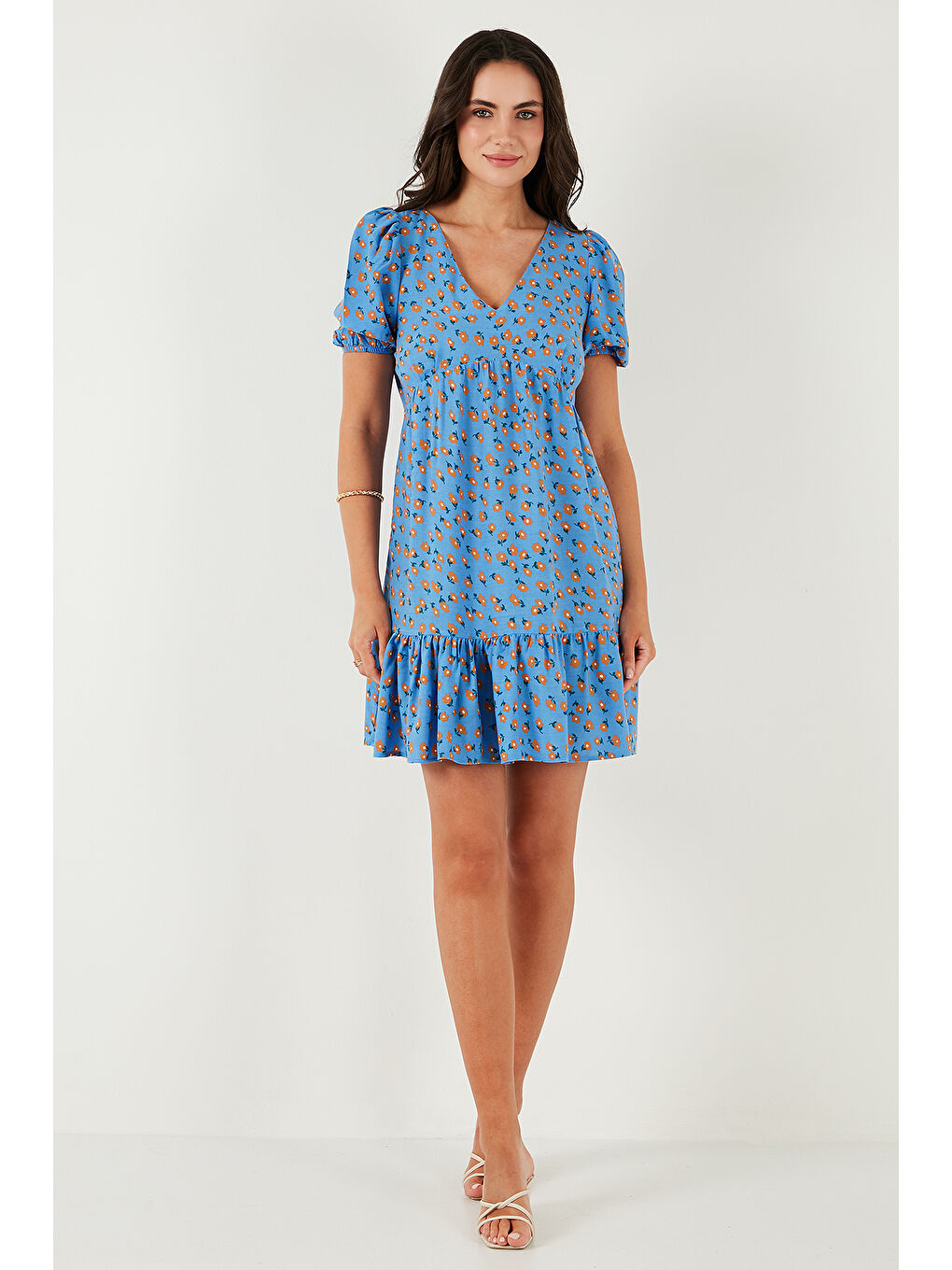 Mavi Regular Fit V Yaka Balon Kol Desenli Mini Kadın Elbise 67810045-5