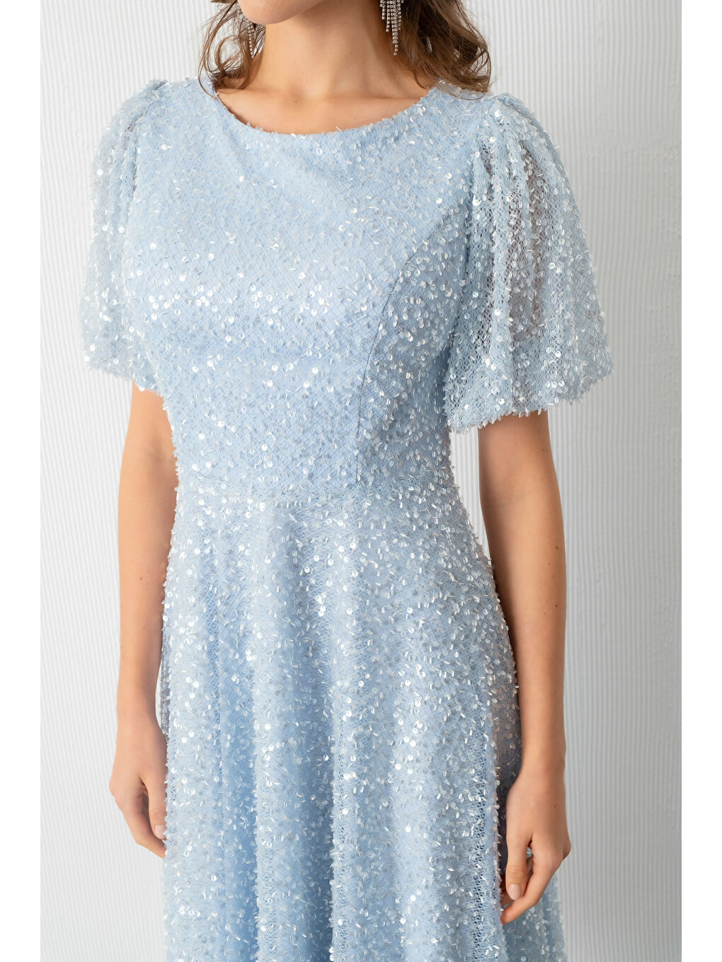 Kadın Bebe Mavi Balon Kol Pul Payet Midi Abiye Elbise-4