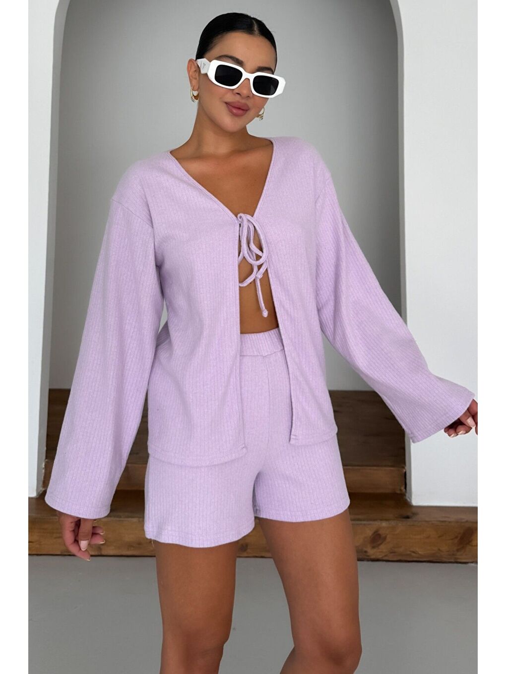 Mor Kadın Eflatun Önü Bağlama Detaylı Alt-Üst Şortlu İnterlok Takım-5