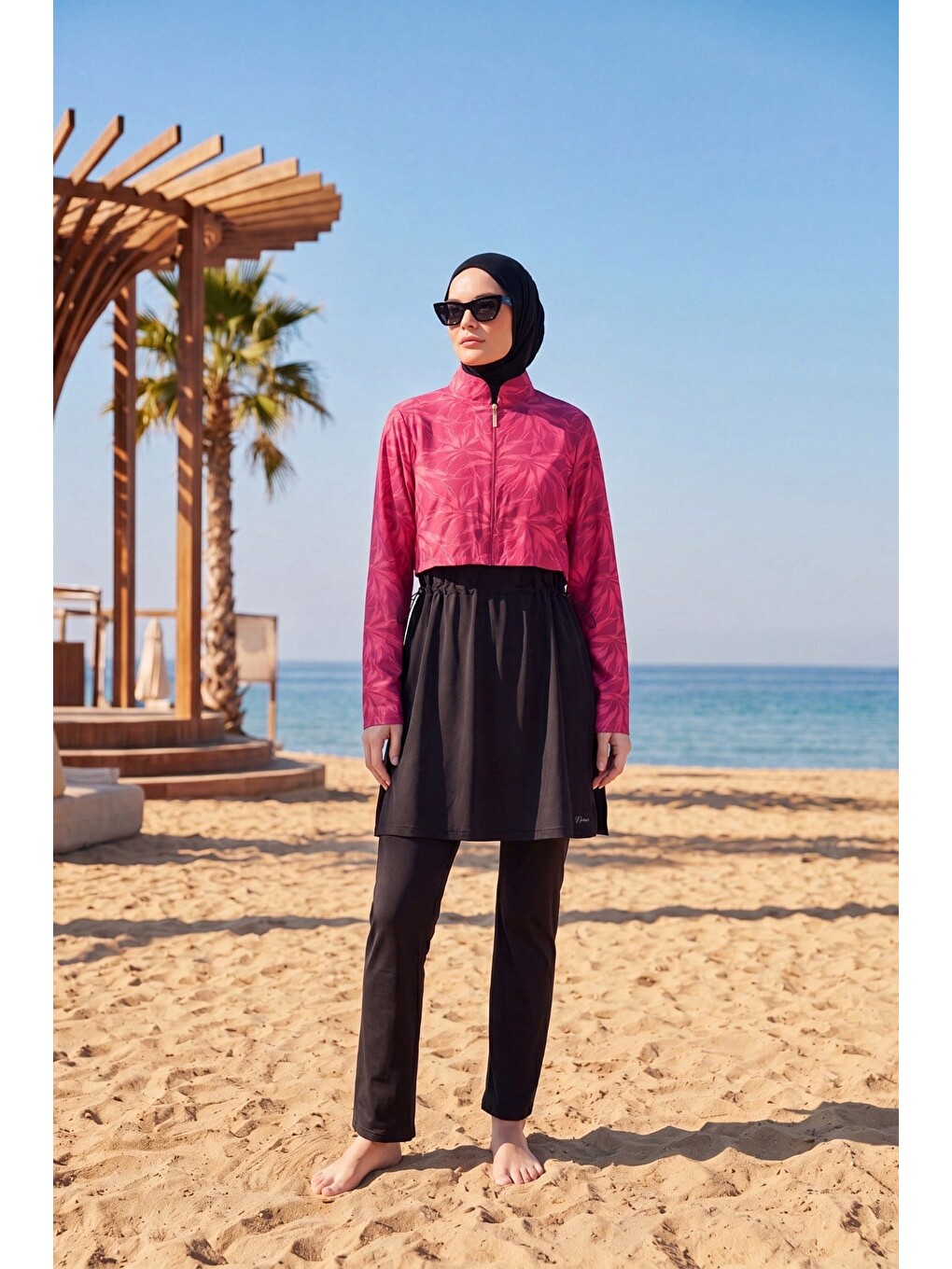 Lila Çiçek Desenli Fuşya 3 Parça Tam Tesettür Mayo Takımı 2290