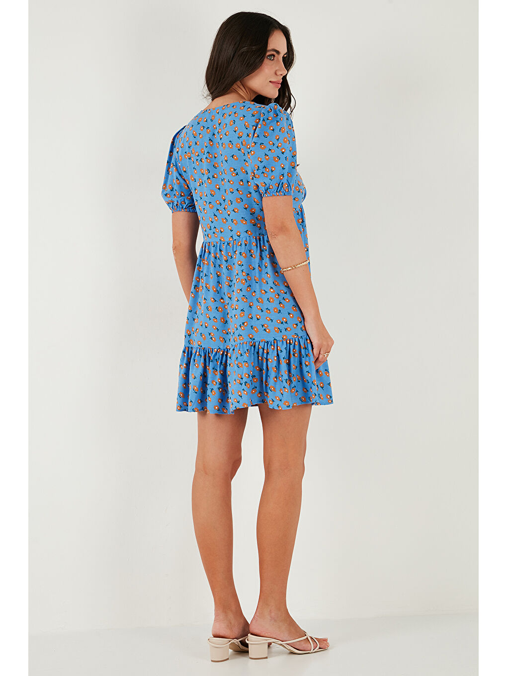 Mavi Regular Fit V Yaka Balon Kol Desenli Mini Kadın Elbise 67810045-6