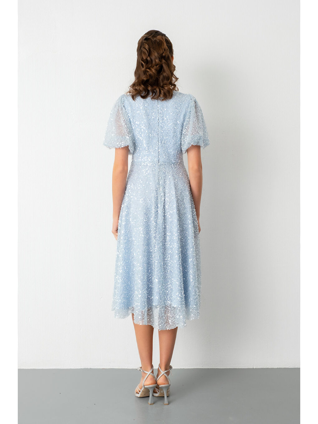 Kadın Bebe Mavi Balon Kol Pul Payet Midi Abiye Elbise-5