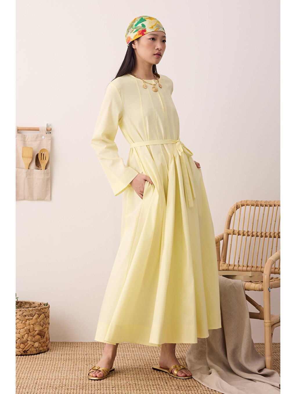 Çok Pileli Elbise Soft Sarı-1