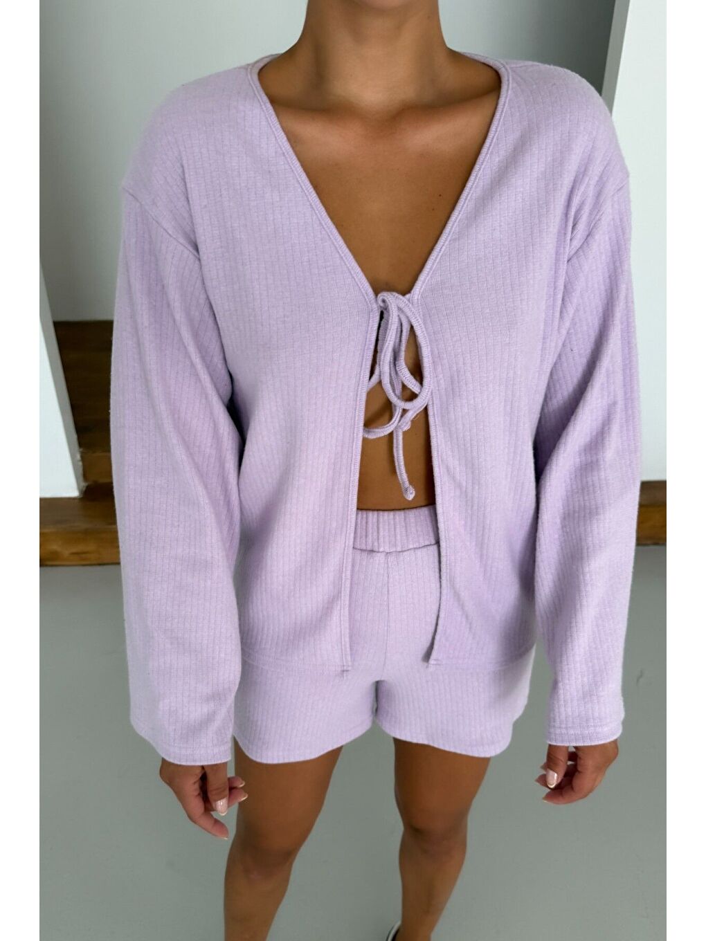 Mor Kadın Eflatun Önü Bağlama Detaylı Alt-Üst Şortlu İnterlok Takım-6