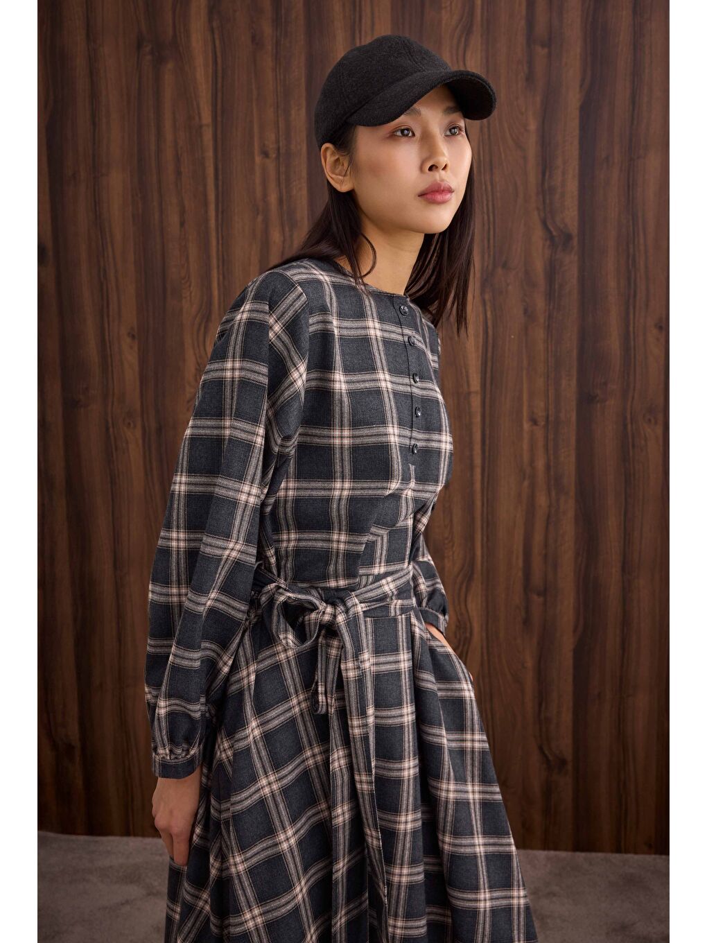 Volanlı Ekose Elbise Antrasit-2