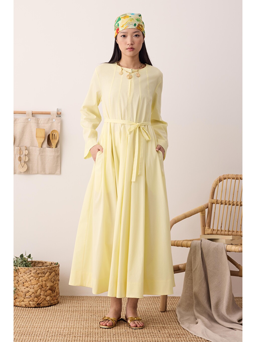 Çok Pileli Elbise Soft Sarı-2