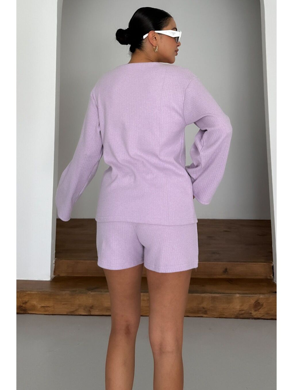 Mor Kadın Eflatun Önü Bağlama Detaylı Alt-Üst Şortlu İnterlok Takım-7